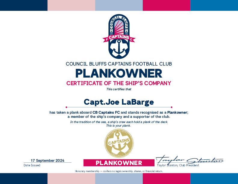 CB Captains FC Plankowner certificate — Certificate of the Ship's Company